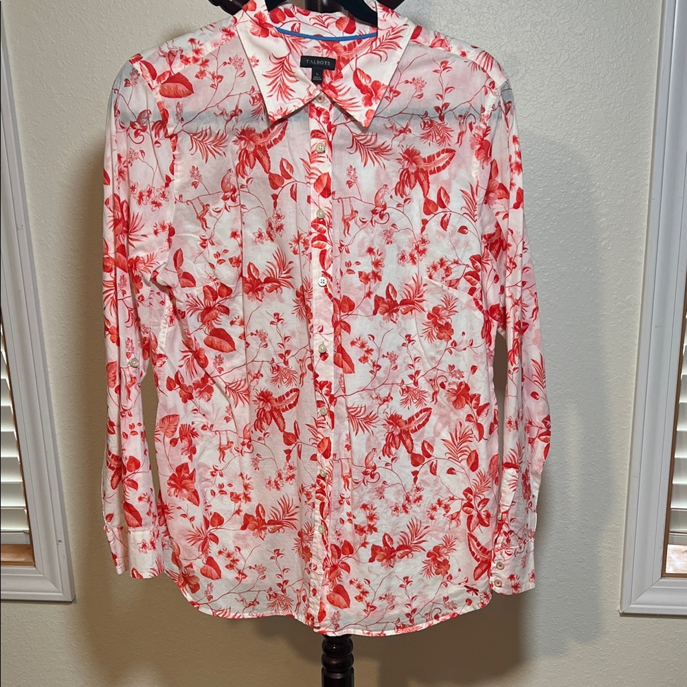 Talbots Red and White Botanical Print Button Down Shirt